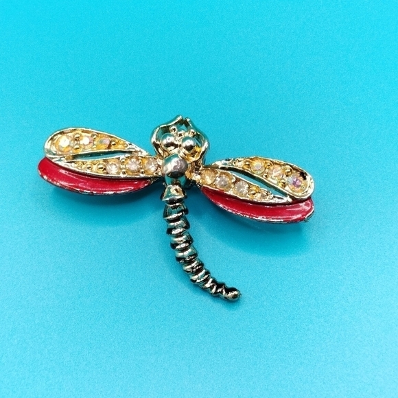 Dragonfly red enamel and rhinestones accents Brooch - Picture 2 of 4